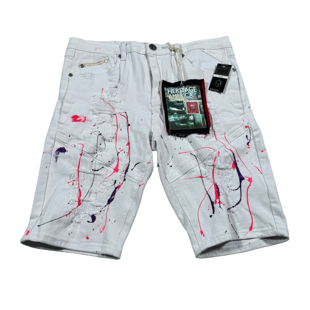 Heritage America Denim Shorts Mens 36 White Paint Splatter Distressed Streetwear